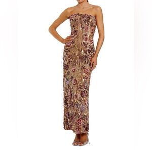NWT Mac Duggal Gold Floral Embellished Strapless Column Dress size 2